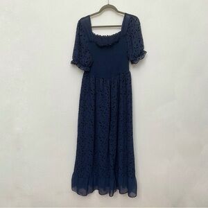 Shein Curve Navy Blue Maxi Dress With Black Leaf Print Sheer Sleeves Size 2XL